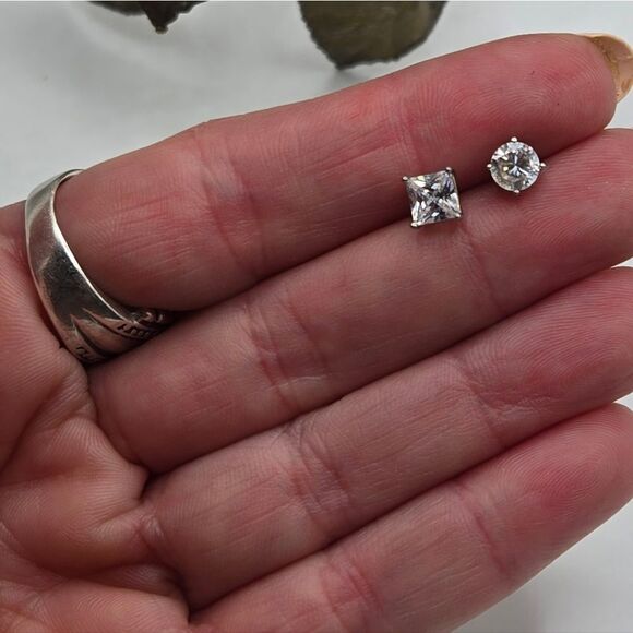 "5/$25" Pair of Mismatched Sterling Silver CZ Square & Round Stud Earrings - Picture 3 of 8